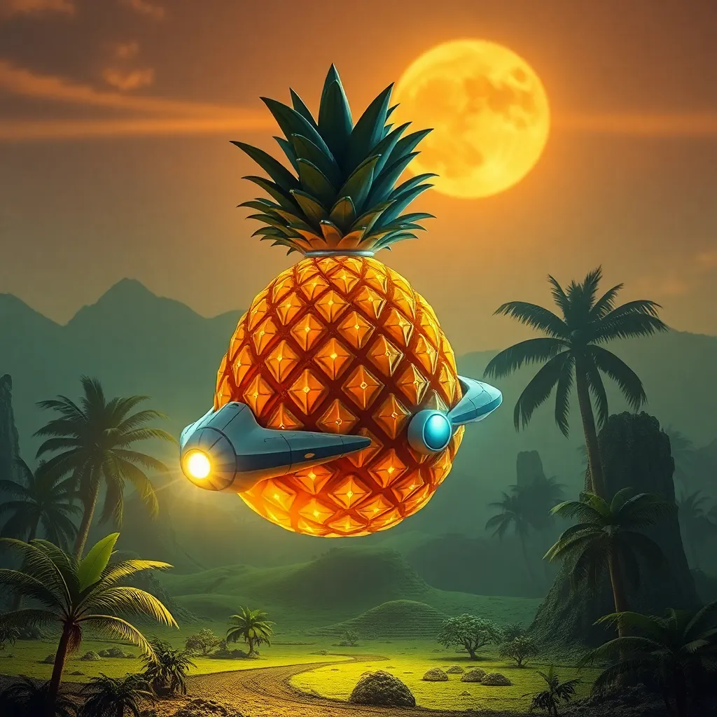 A pineapple-shaped spaceship flying through space.