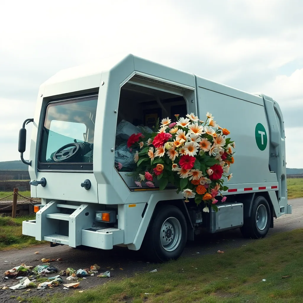 A garbage truck filled with colorful flowers.