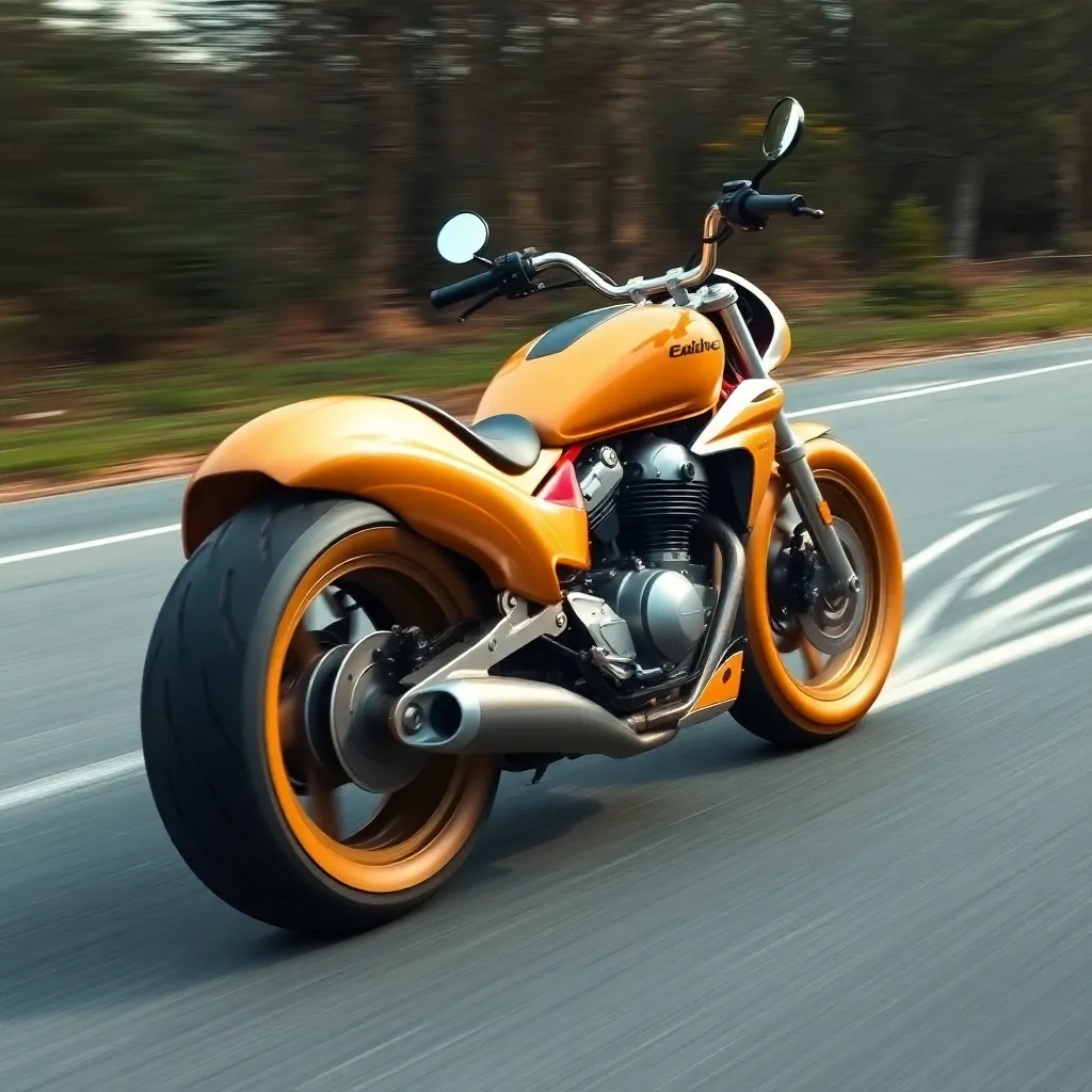 A bright orange motorcycle parked on a road.