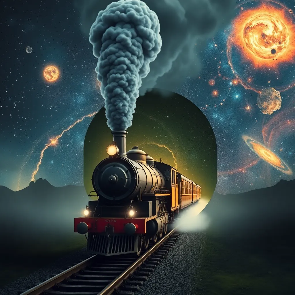 A steam train traveling through a tunnel with a starry sky outside.