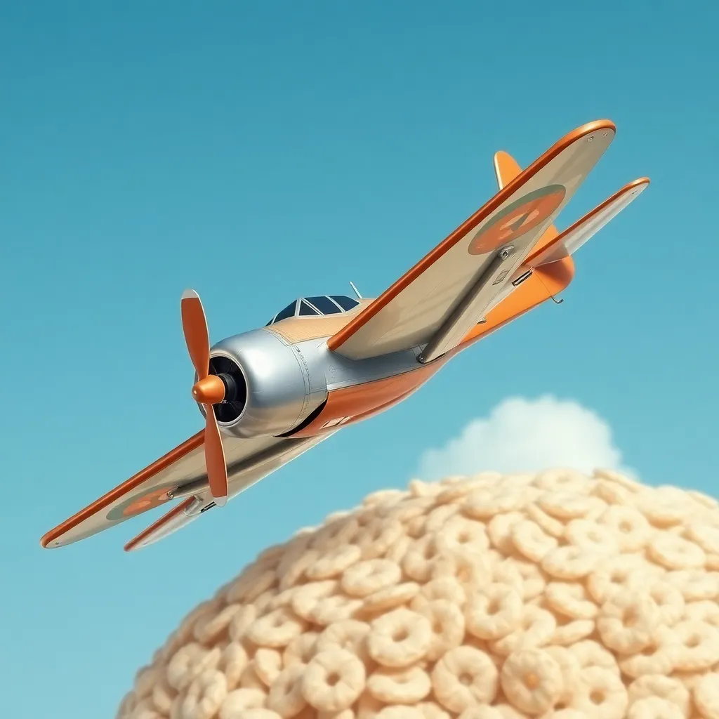 A toy airplane flying over a bowl of cereal.