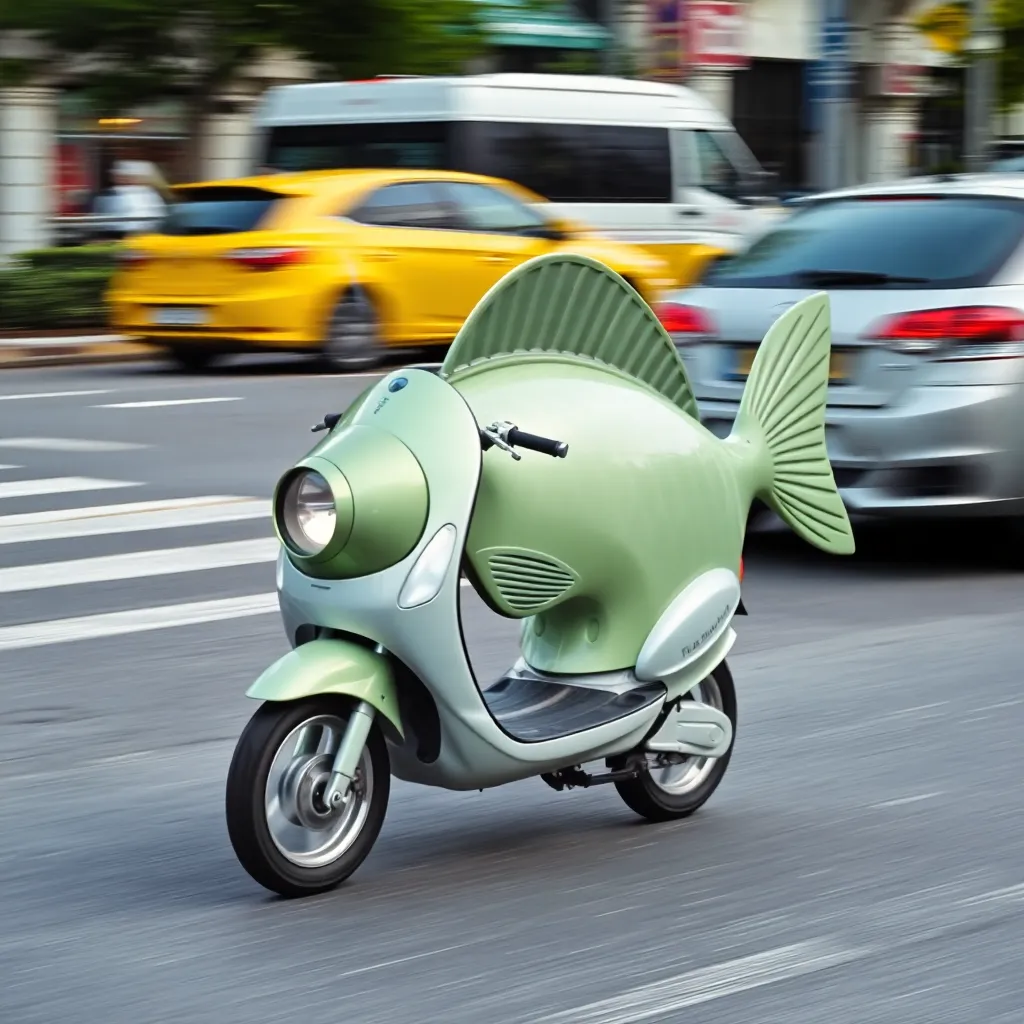 A scooter shaped like a fish driving on a city street.