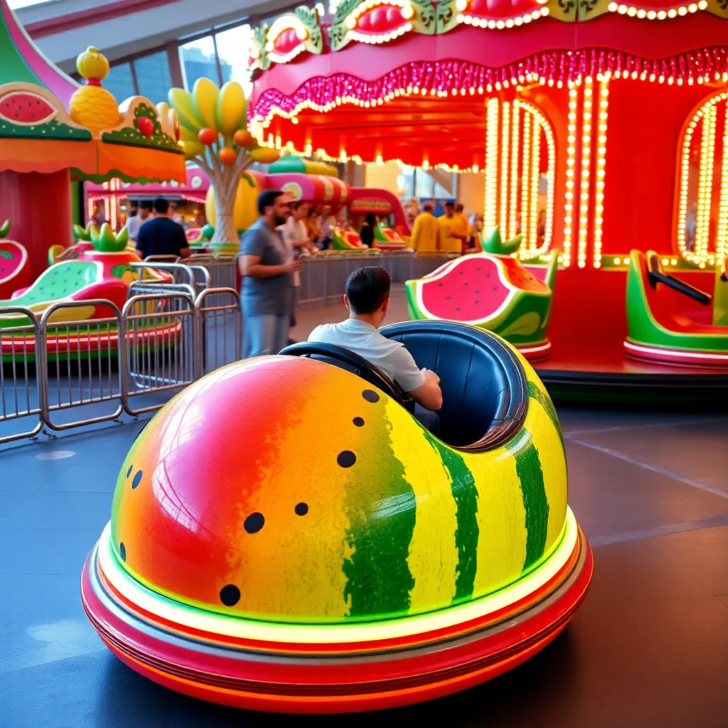 A person riding a colorful bumper car at an amusement park.