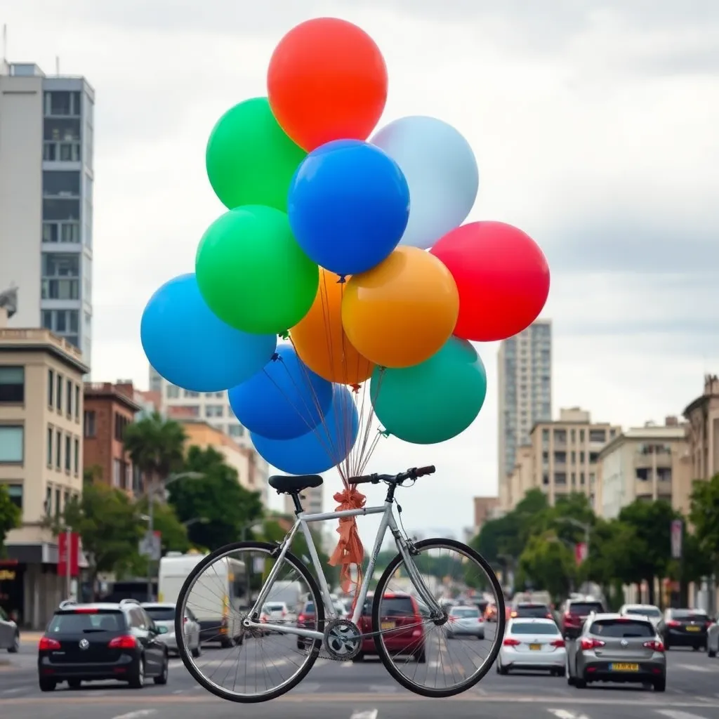 A bicycle carrying a bunch of colorful balloons.