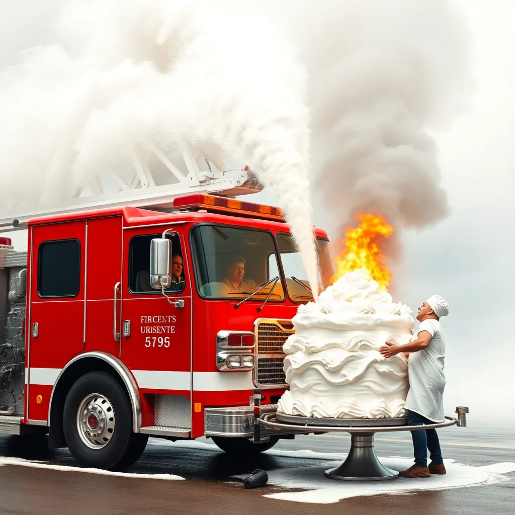 A fire truck spraying foam on a burning cake.