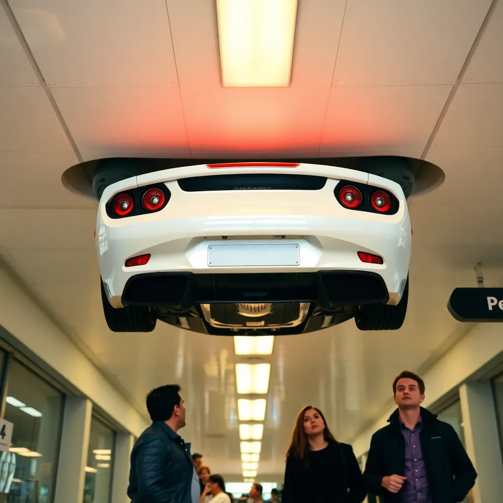 A car flying through a building.