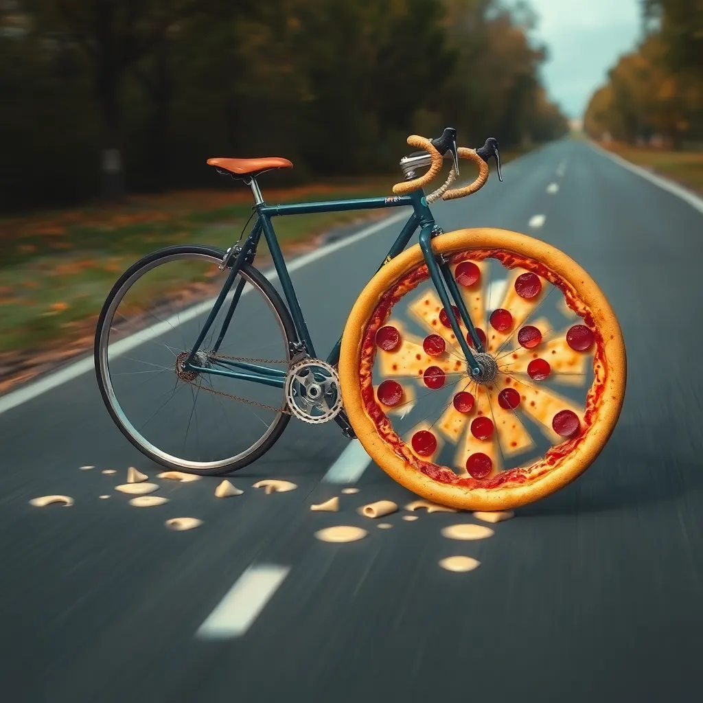 A bicycle with a pizza wheel and toppings.