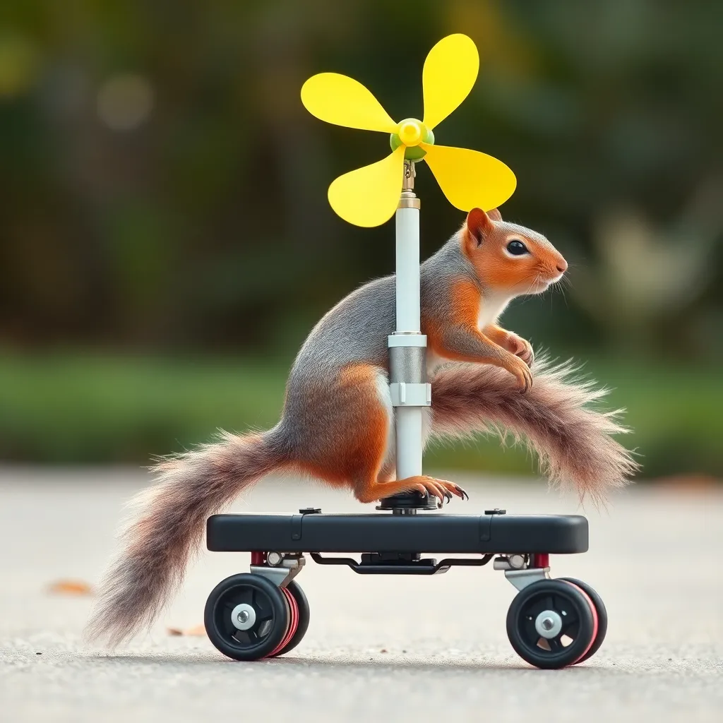 A squirrel riding a toy car with a propeller hat.