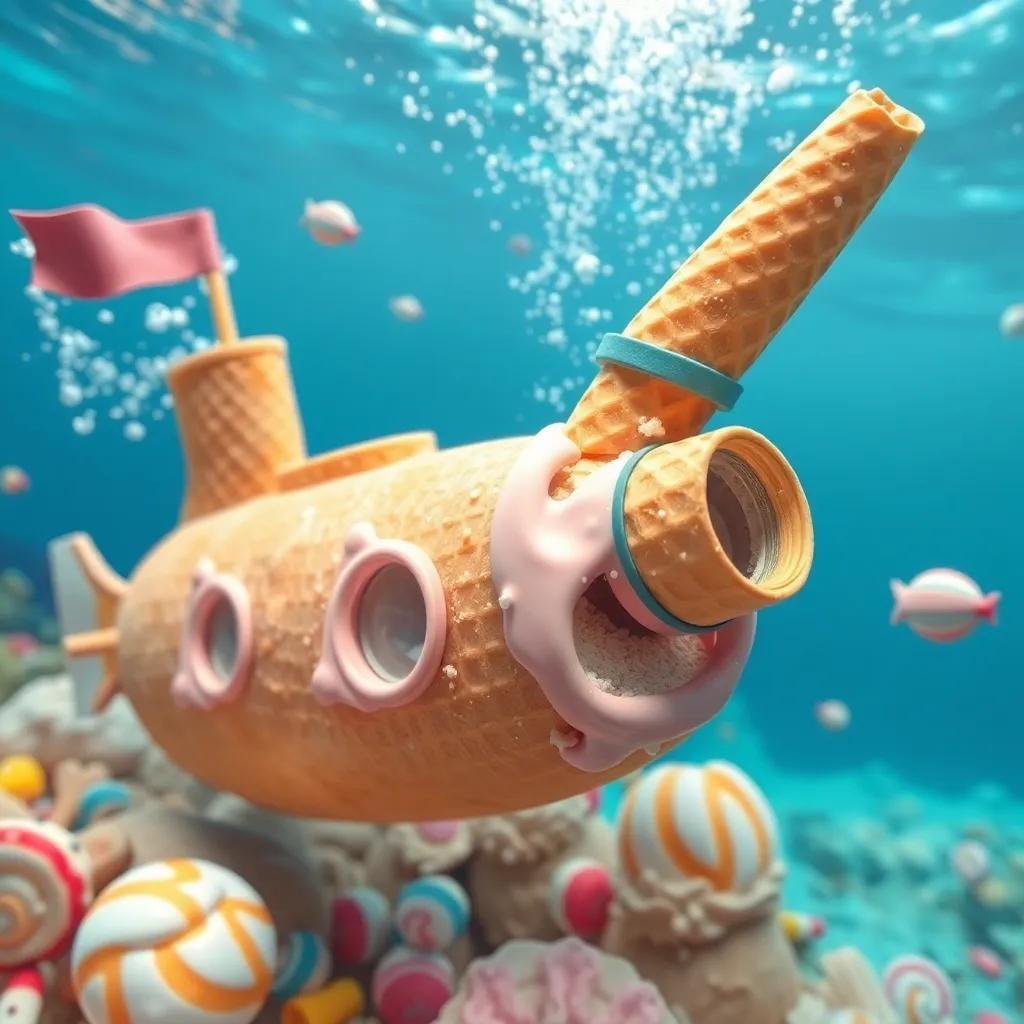 An ice cream cone-shaped submarine underwater.