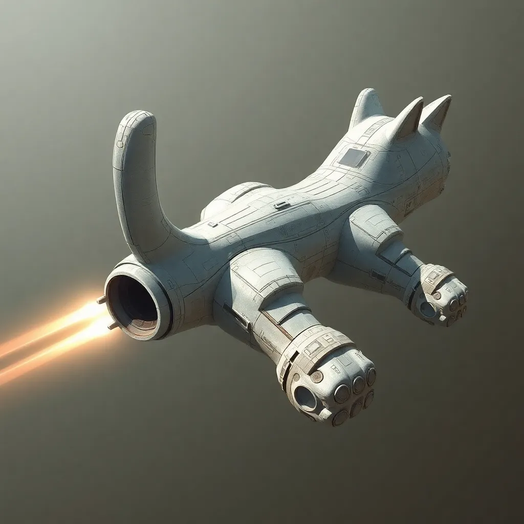 A cute cat-shaped spaceship flying through space.