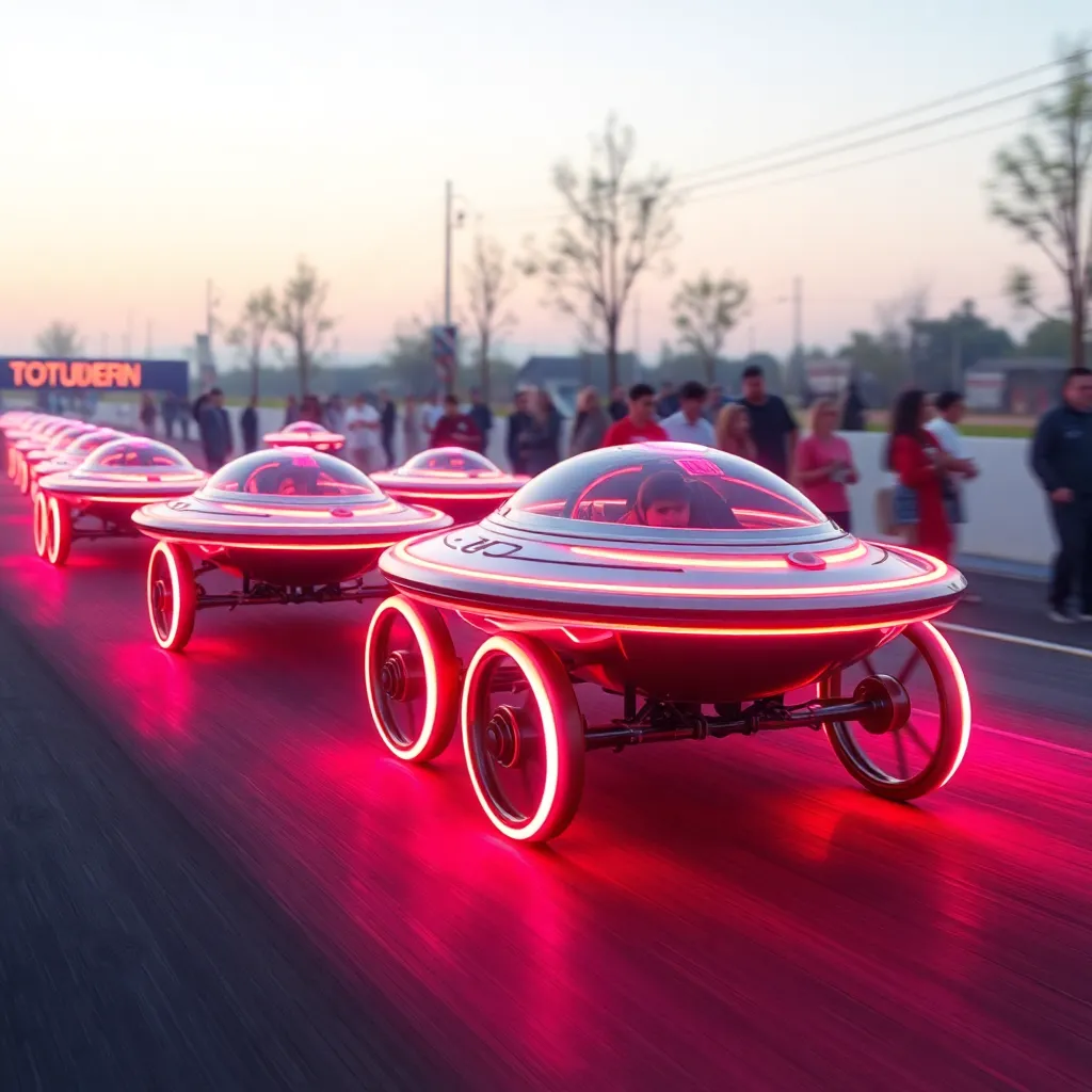 A parade of UFOs with glowing lights.