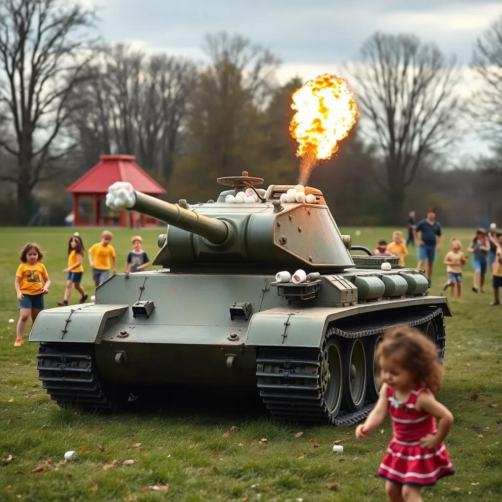 A toy tank shooting flames in a park.