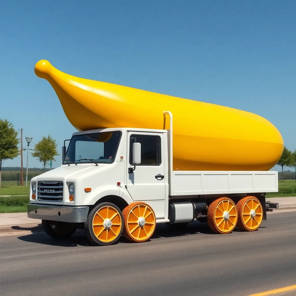 A giant banana-shaped truck driving down a road.