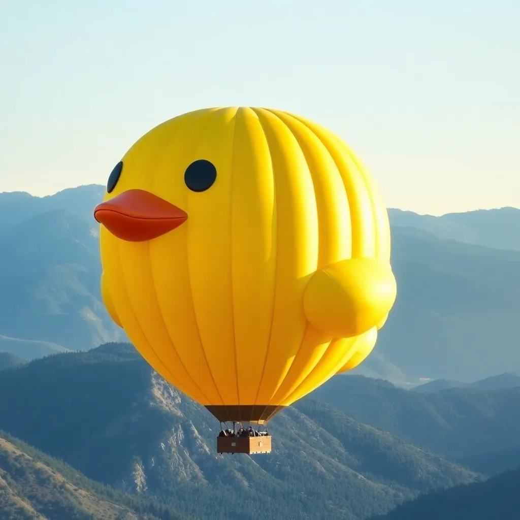 A yellow duck-shaped hot air balloon flying over a mountain range.