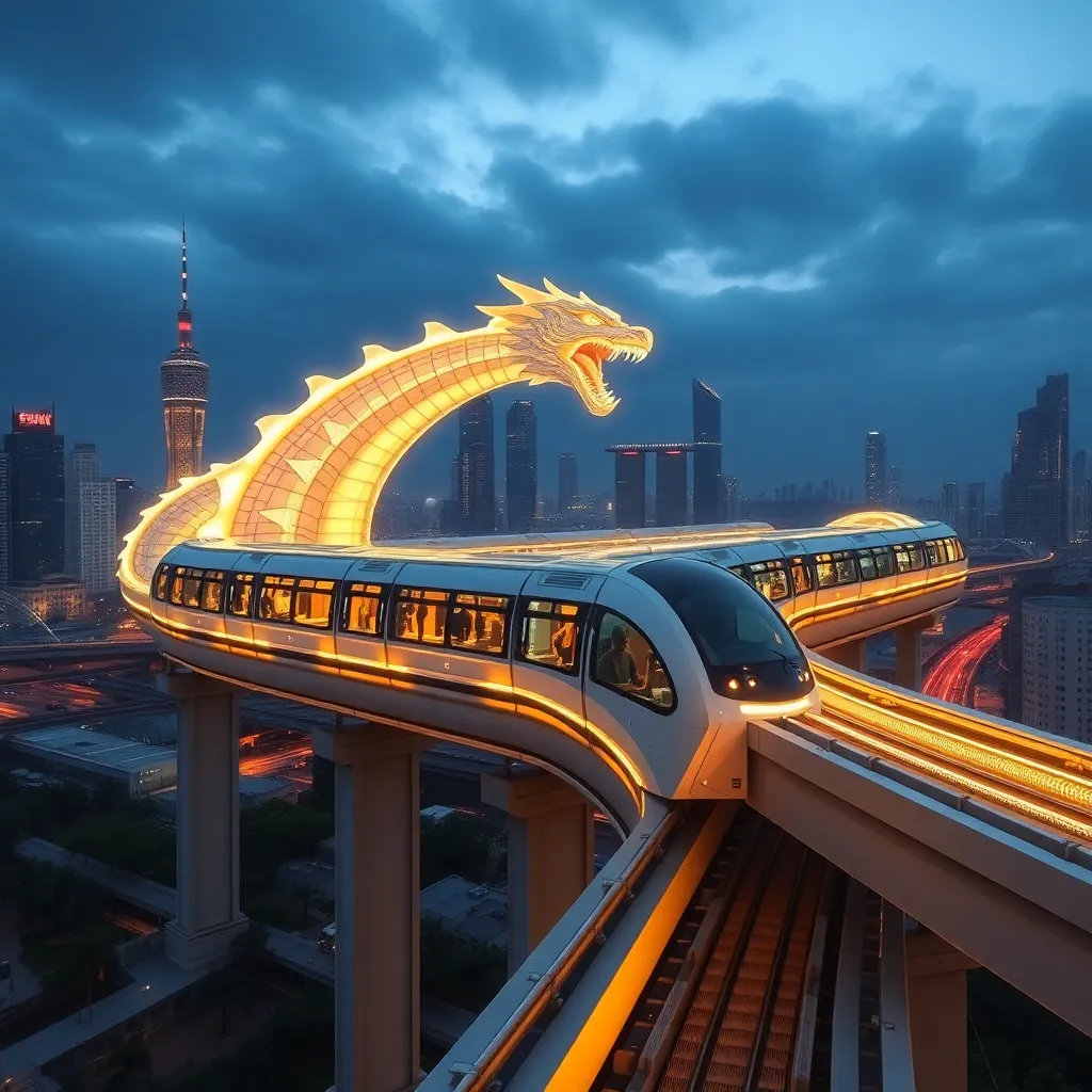 A dragon-shaped roller coaster winding through a city.