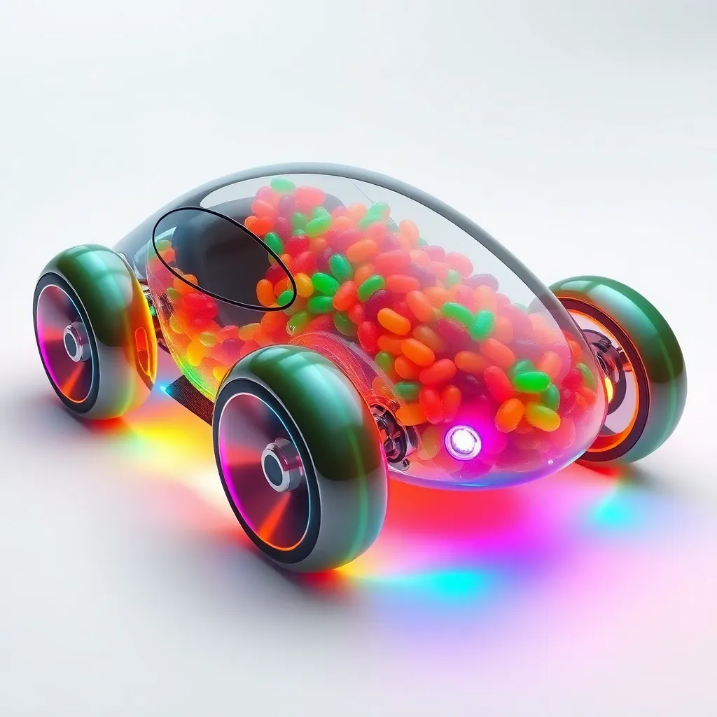 A colorful car made entirely of candy.