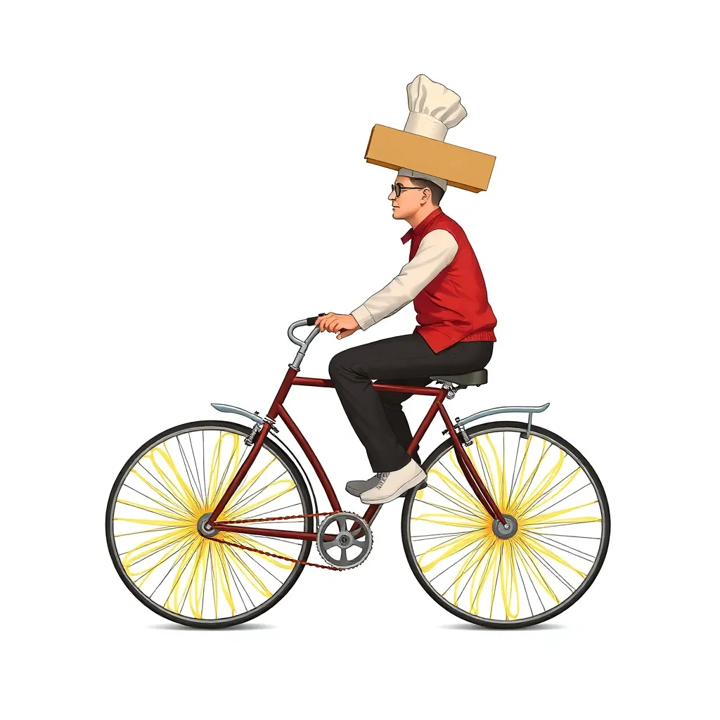 A chef riding a bicycle while wearing a chef's hat.