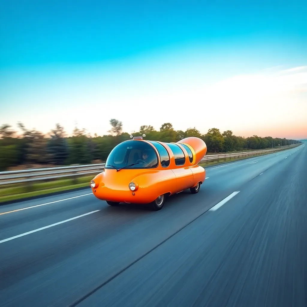 A quirky car shaped like a hot dog driving down a highway.