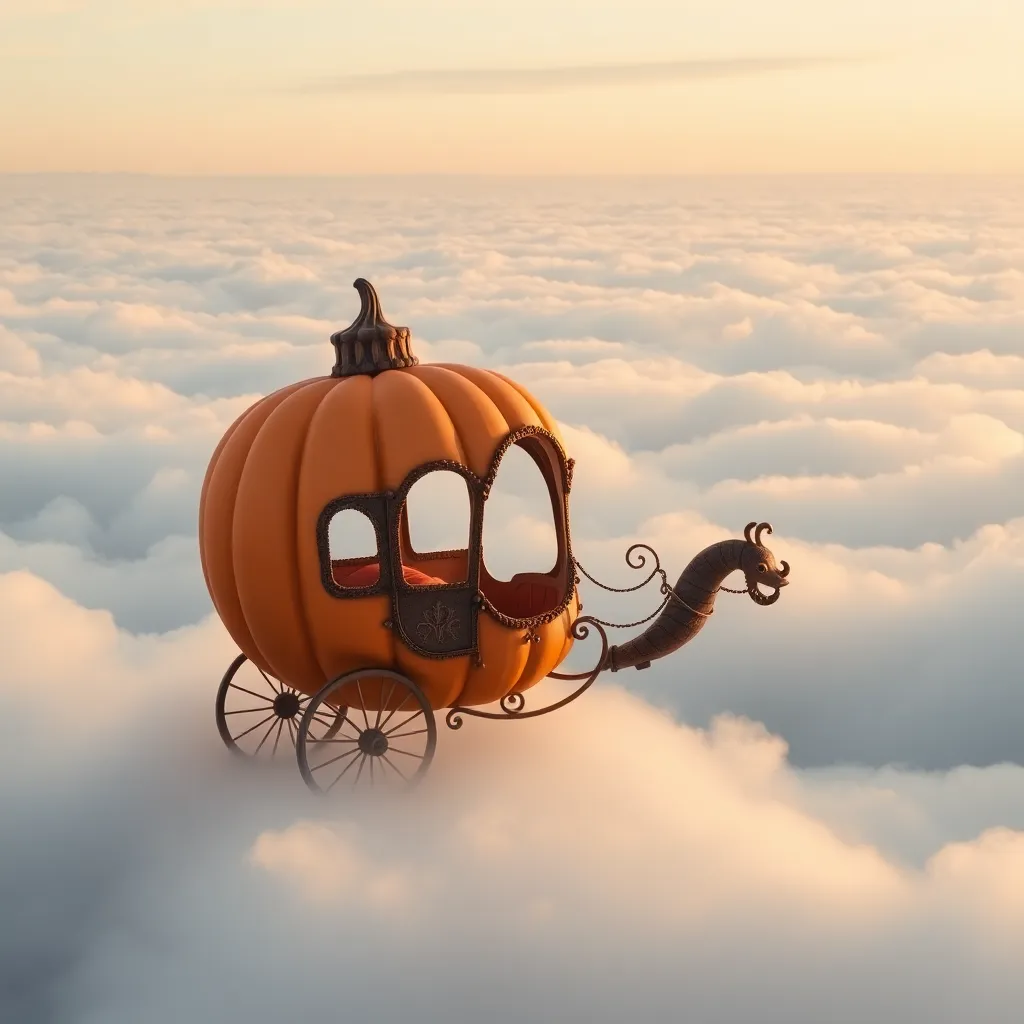 A pumpkin carriage flying through the clouds