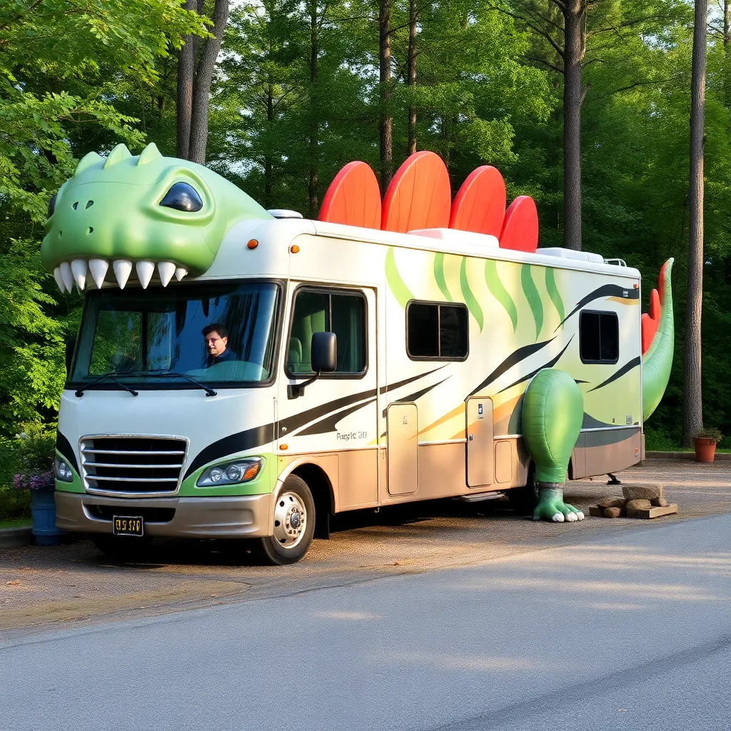 A green RV shaped like a dinosaur.