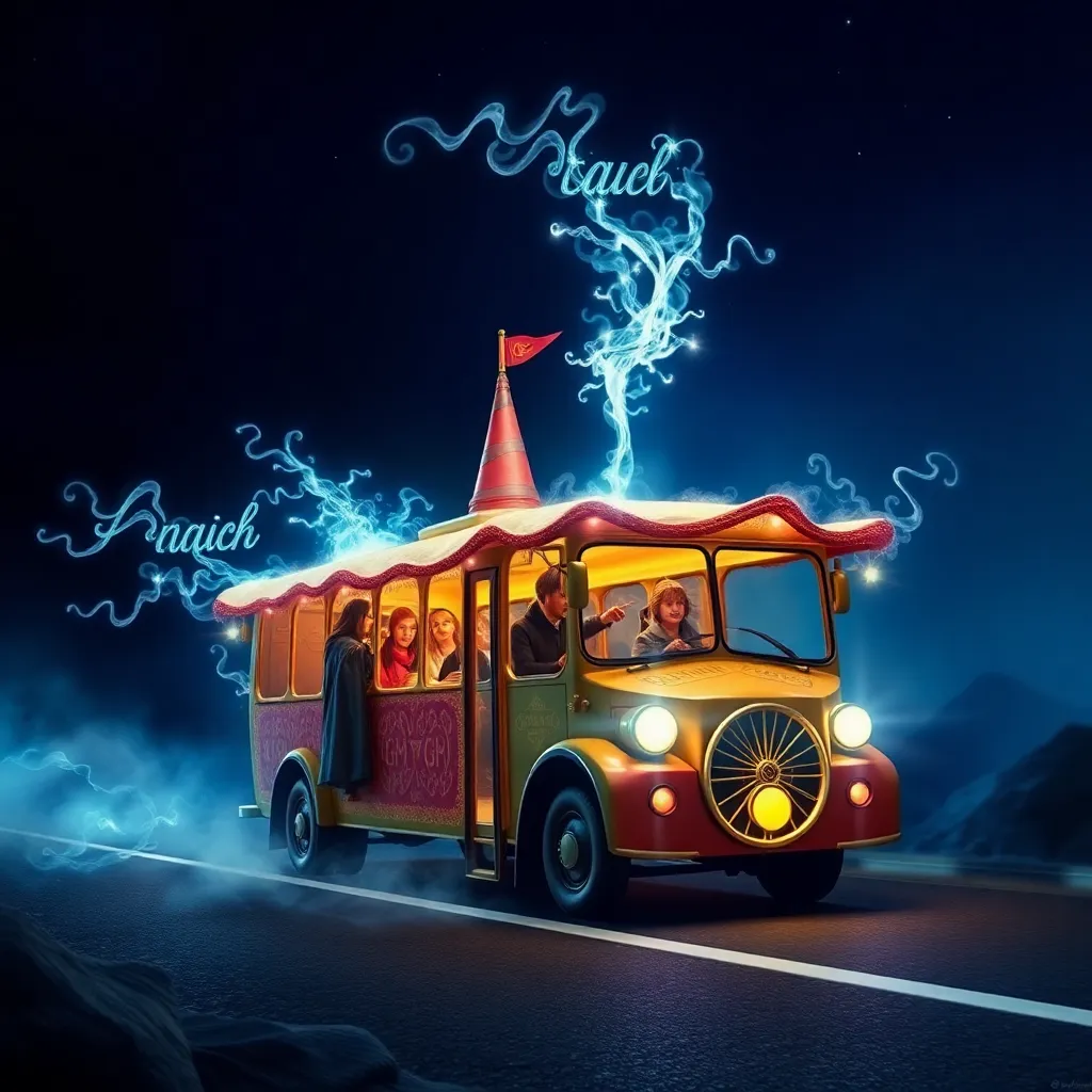 A vintage bus with lightning bolts and a magical aura.