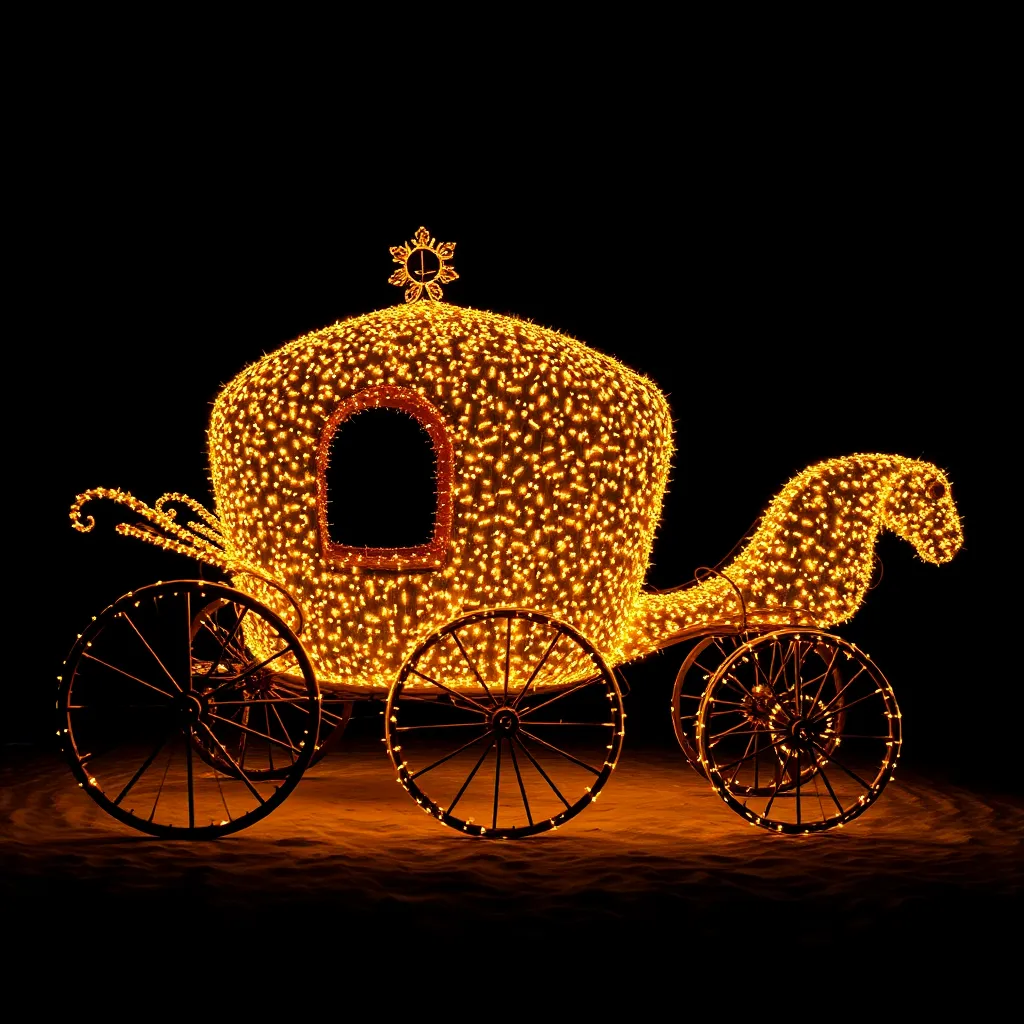 A golden carriage illuminated with lights.