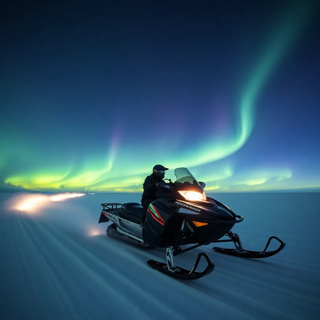 A person riding a snowmobile under the stunning Northern Lights.