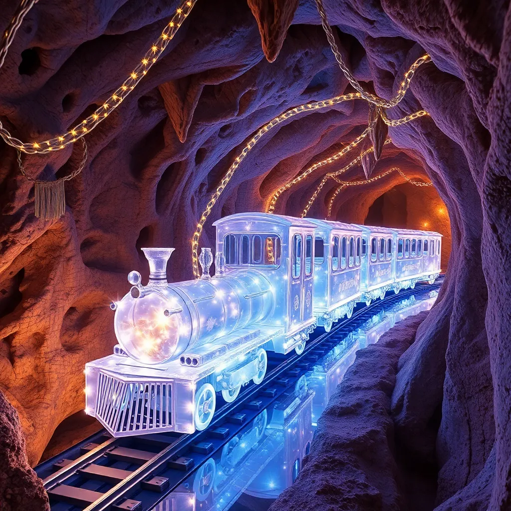 A train made entirely of ice traveling through a tunnel.