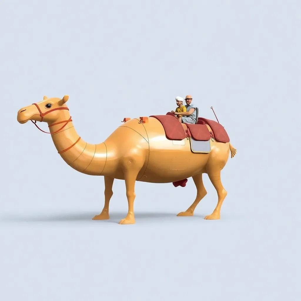 A camel carrying sacks in the desert.