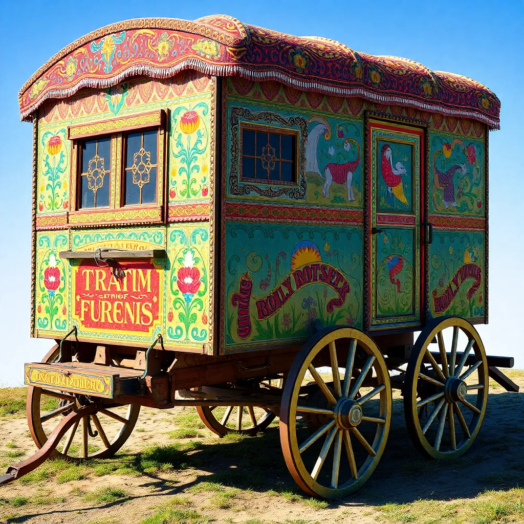 A brightly colored gypsy wagon with intricate patterns.