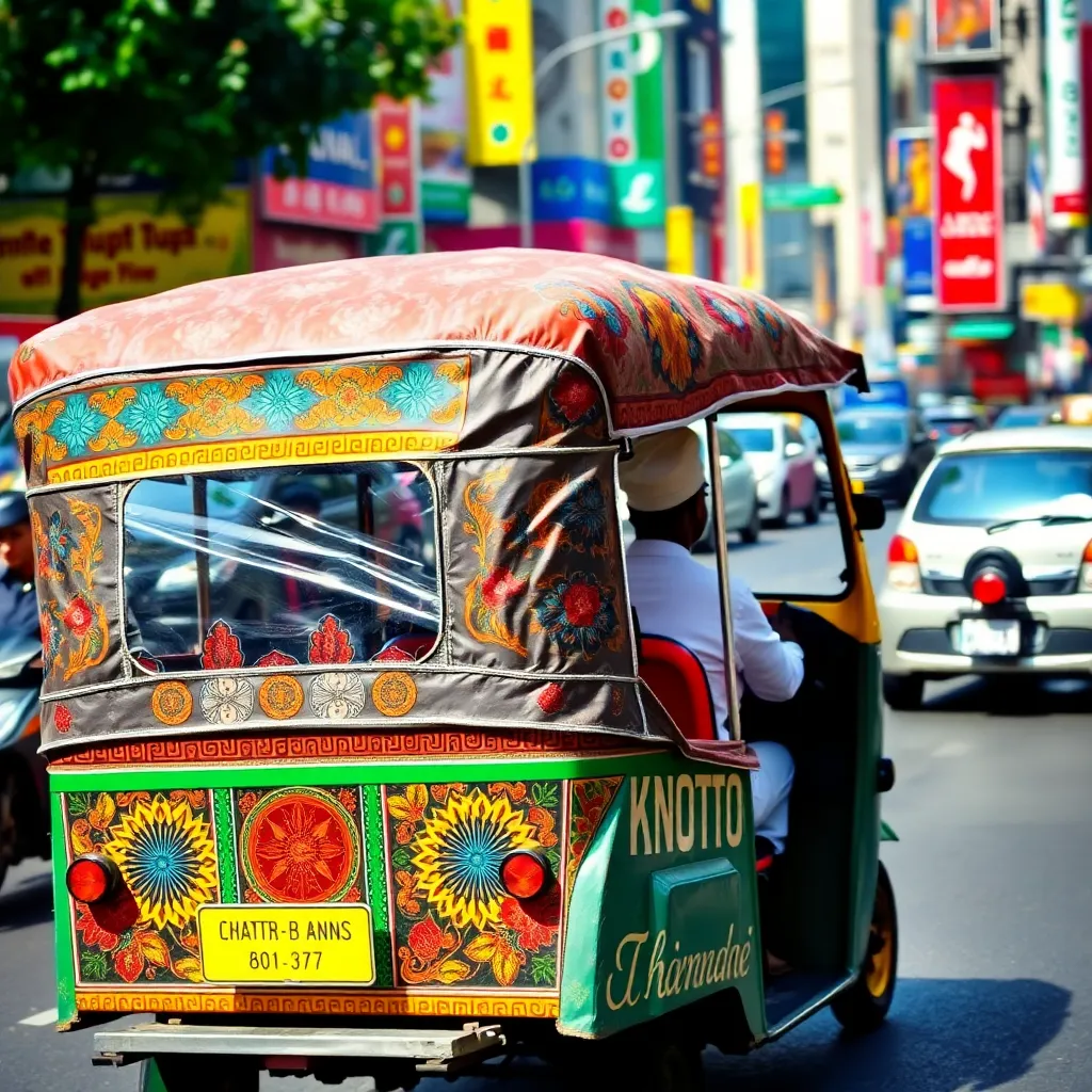 A colorful rickshaw driving through a busy street.