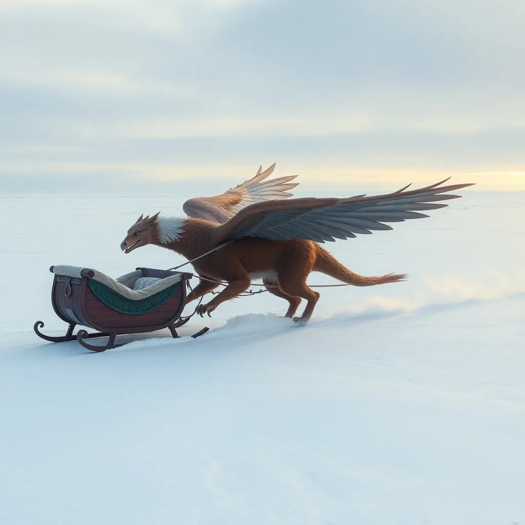 A mythical griffin pulling a sleigh through the snow.