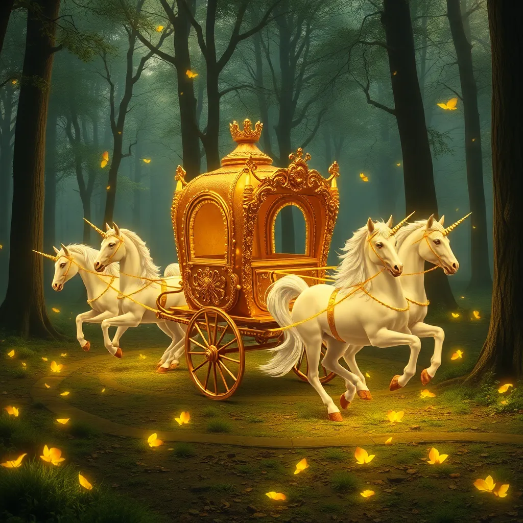 A golden carriage pulled by white horses in a dark forest.