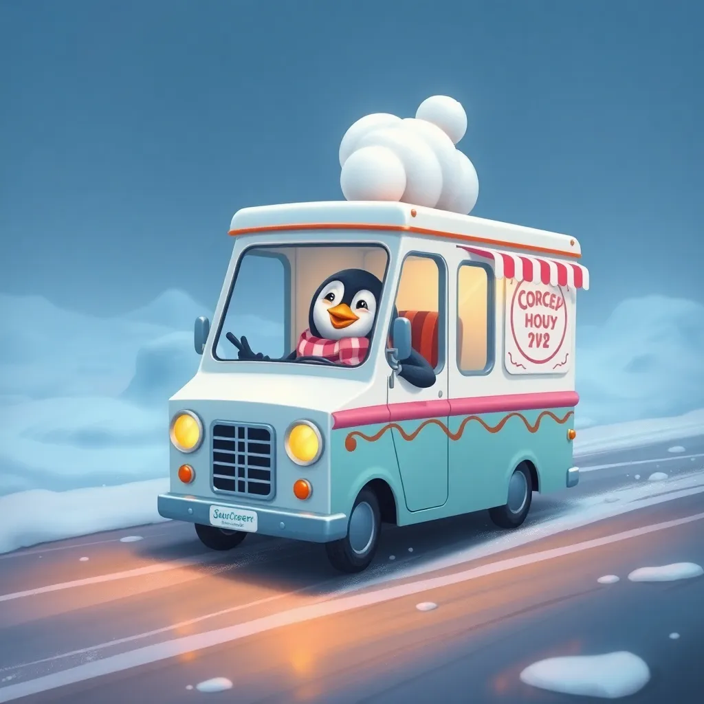 A cute penguin driving an ice cream truck.