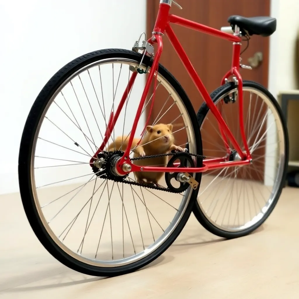 A red bicycle leaning against a wall.