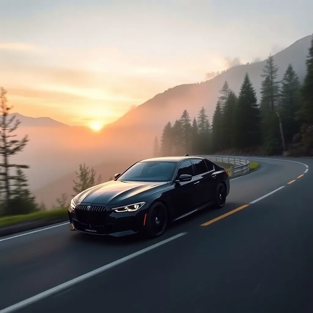 A black car driving on a winding mountain road at sunset.