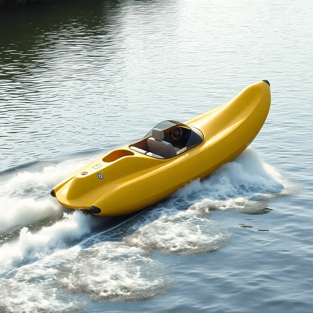 A person riding a yellow banana boat on a lake.