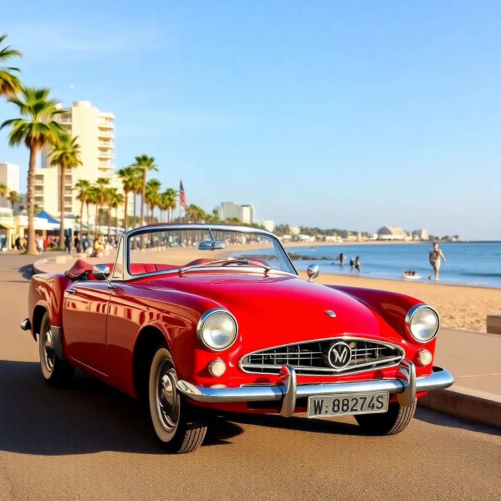 A red vintage convertible parked on a beach promenade.