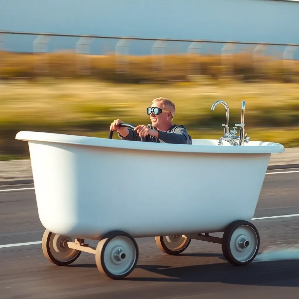 A person driving a bathtub converted into a car on a road.