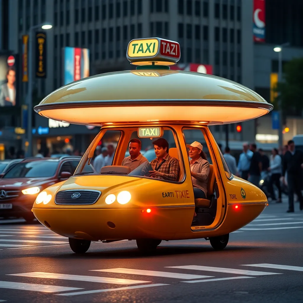 A bright yellow flying taxi soaring through a city street.