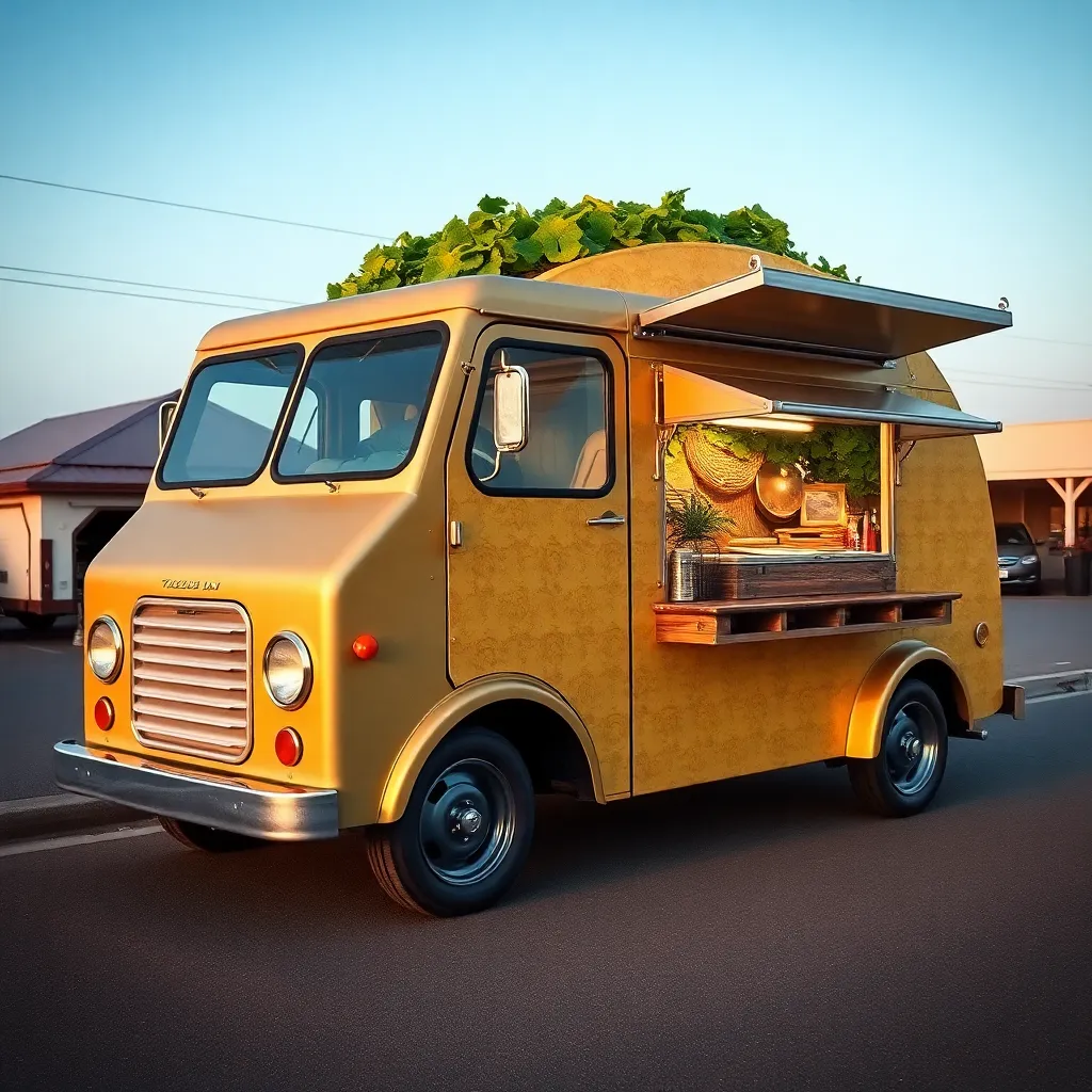 A retro yellow food truck with a pop-up window and a colorful umbrella.