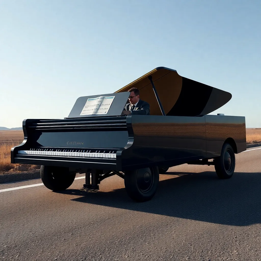 A vintage truck carrying a grand piano.