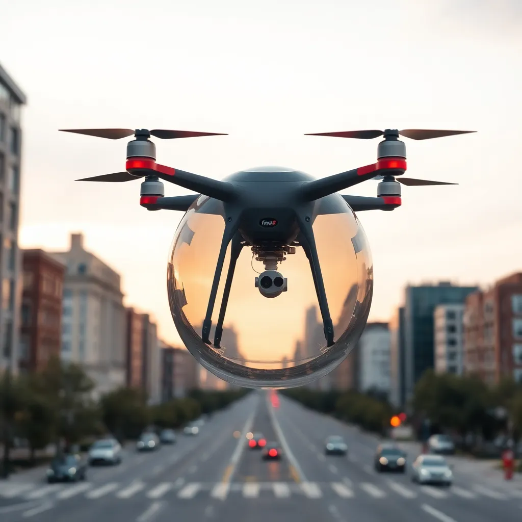 A drone flying over a city street.