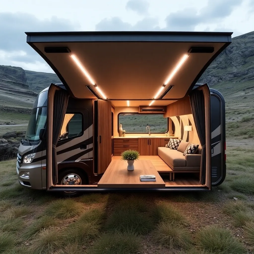 A luxury RV with a spacious interior.