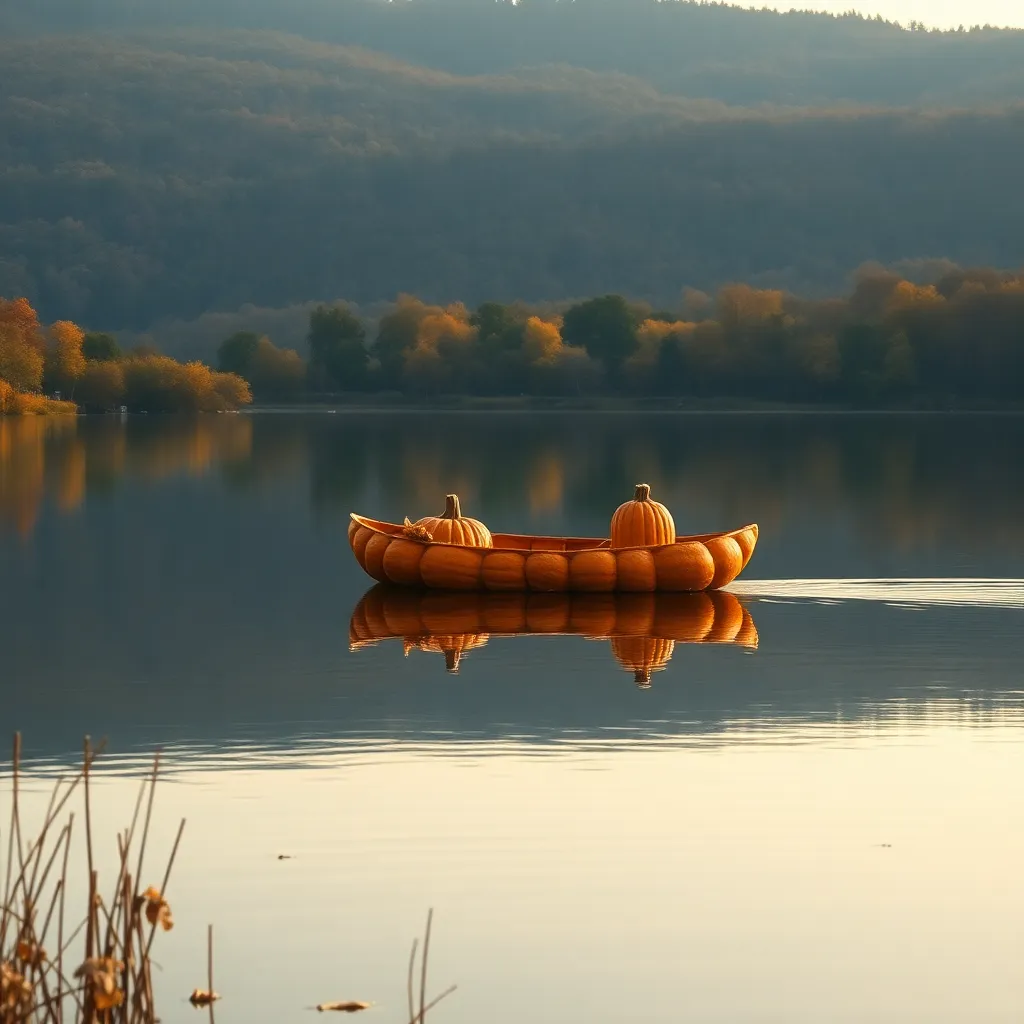 A small boat on a calm lake surrounded by autumn trees.