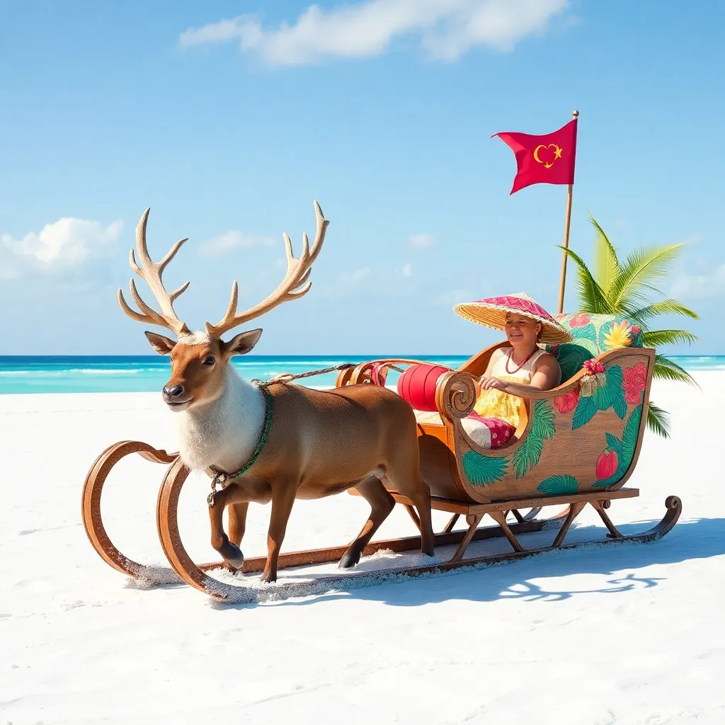 Santa Claus and his reindeer flying over a tropical beach.