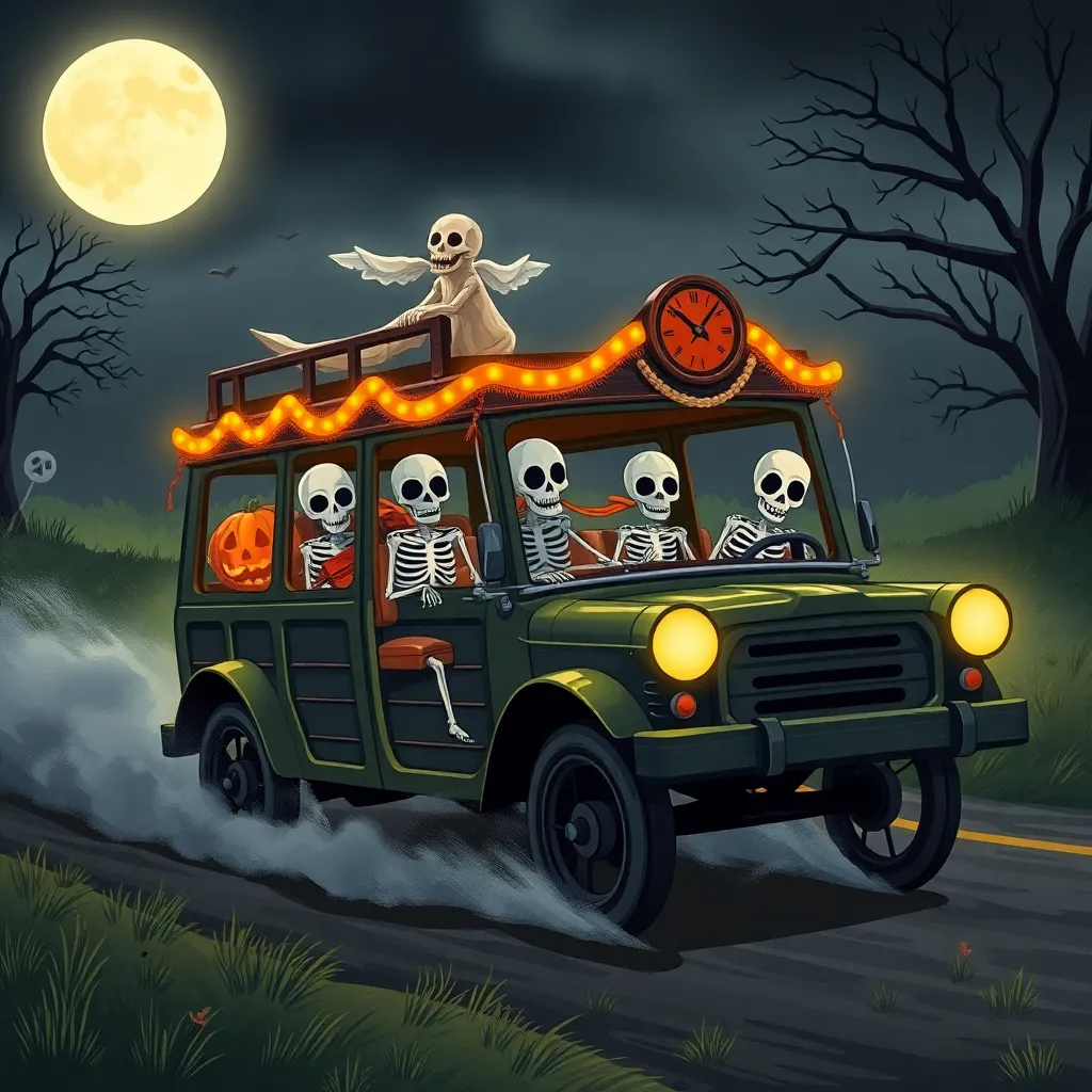 A spooky car with ghosts driving through a dark forest.