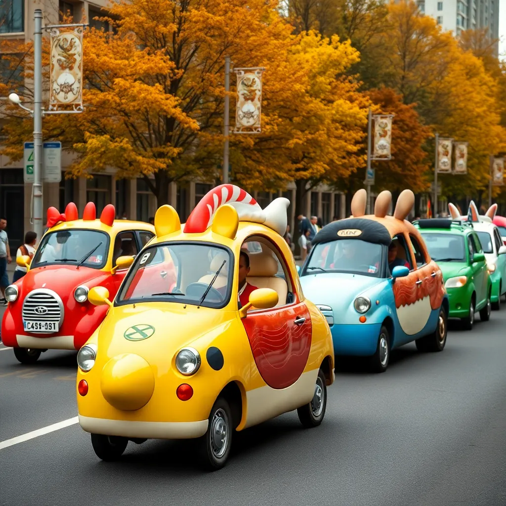 A group of colorful cars driving down a street.