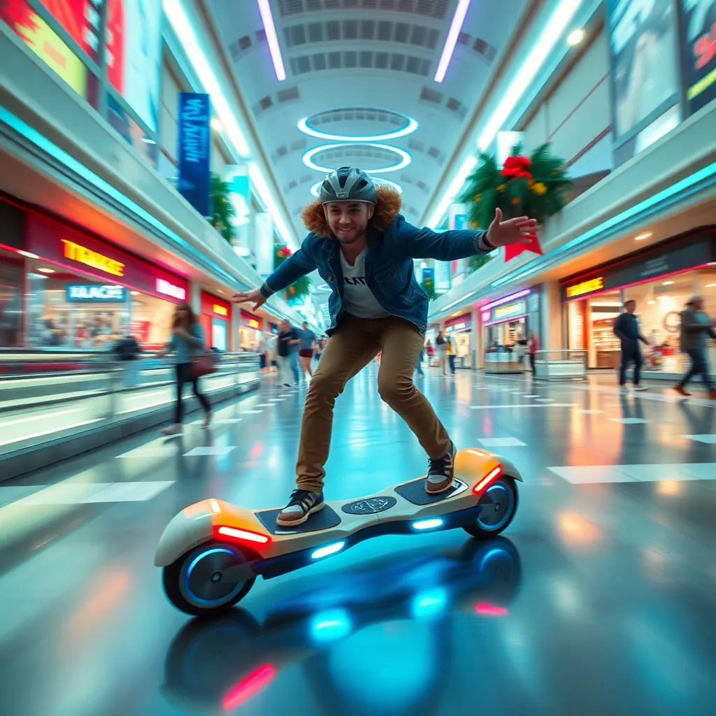 A person riding a hoverboard in a futuristic mall.