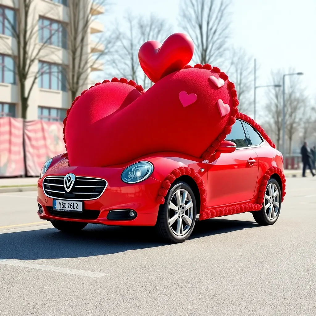 A red car with a giant heart on top, parked on a street.